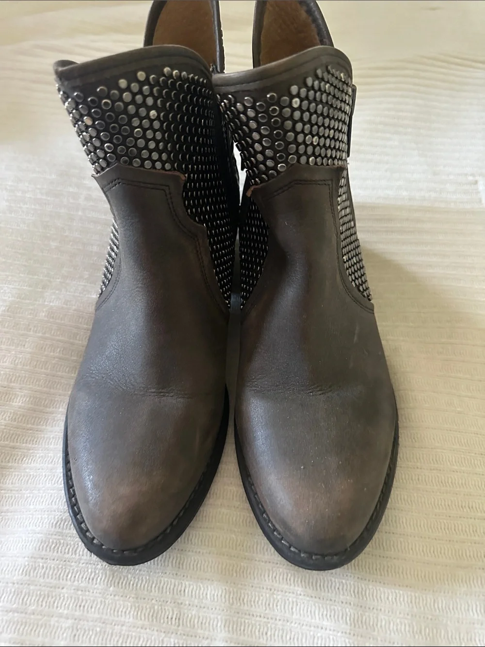 Studded Brown Leather Ankle Booties with Side Zip